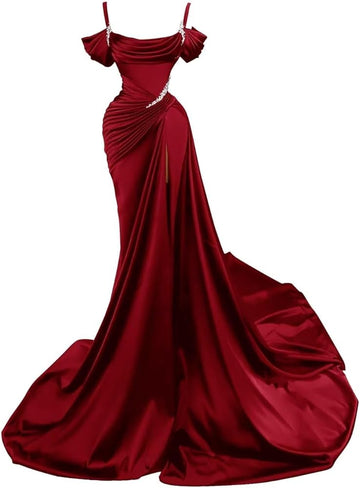 Spaghetti Straps Wine Red Long Prom Dresses SD1311